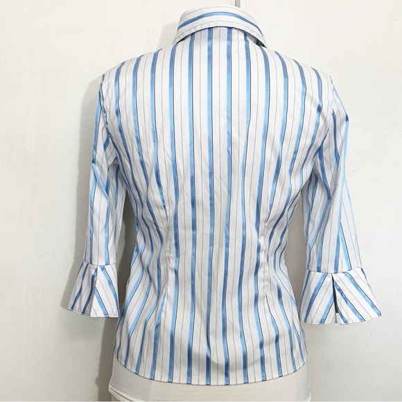 COTTON EXPRESS ruched chest button up slightly shiny stripe bell cuffs blouse L - Picture 5 of 7
